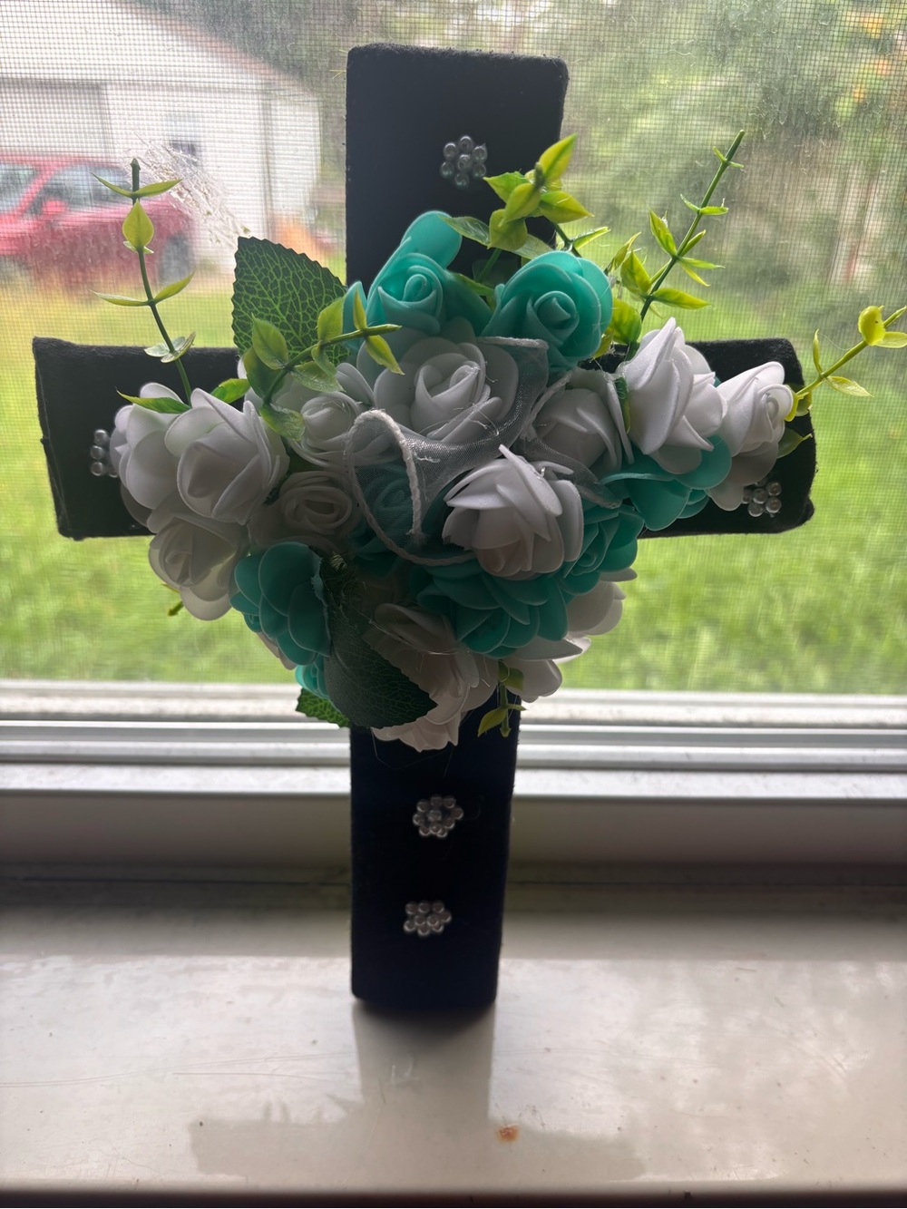 Hand Crafted Teal and White Floral Velvet Cross Accent